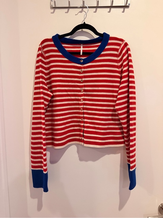 Free People Sweaters - Striped Red and White Free People Button-Up Sweater with Blue Trim